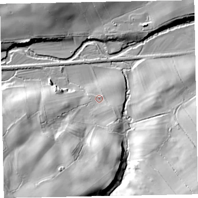 Shaded relief map of the ground around CA72QB, computed from Environment Agency LiDAR. The ground here sits at about 40 m above sea level and falls 36 m across the surrounding 800 m. Surface water reaching this point runs off ground lying to the south-east, 3.9 m higher.