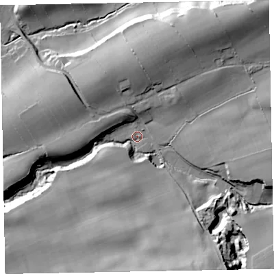 Shaded relief map of the ground around CA73JY, computed from Environment Agency LiDAR. The ground here sits at about 39 m above sea level and falls 38 m across the surrounding 800 m. Surface water reaching this point runs off ground lying to the south-south-east, 26.9 m higher.