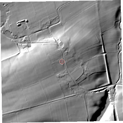 Shaded relief map of the ground around CA73NA, computed from Environment Agency LiDAR. The ground here sits at about 43 m above sea level and falls 30 m across the surrounding 800 m. Surface water reaching this point runs off ground lying to the west-south-west, 3.8 m higher.