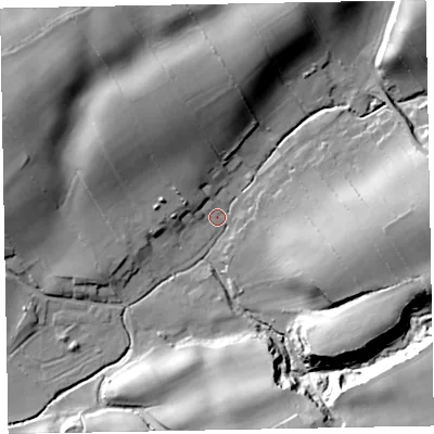 Shaded relief map of the ground around CA73NX, computed from Environment Agency LiDAR. The ground here sits at about 24 m above sea level and falls 26 m across the surrounding 800 m. Surface water reaching this point runs off ground lying to the east, 22.3 m higher.