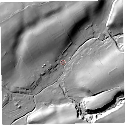 Shaded relief map of the ground around CA73PA, computed from Environment Agency LiDAR. The ground here sits at about 25 m above sea level and falls 25 m across the surrounding 800 m. Surface water reaching this point runs off ground lying to the east, 22.7 m higher.