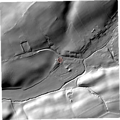 Shaded relief map of the ground around CA73PB, computed from Environment Agency LiDAR. The ground here sits at about 24 m above sea level and falls 29 m across the surrounding 800 m. Surface water reaching this point runs off ground lying to the west, 2.3 m higher.