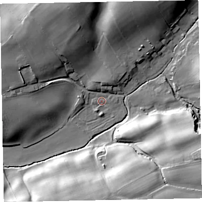 Shaded relief map of the ground around CA73PD, computed from Environment Agency LiDAR. The ground here sits at about 24 m above sea level and falls 30 m across the surrounding 800 m. Surface water reaching this point runs off ground lying to the south, 1.9 m higher.
