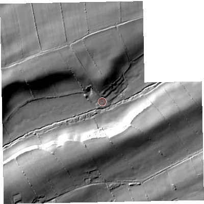Shaded relief map of the ground around CA73PG, computed from Environment Agency LiDAR. The ground here sits at about 31 m above sea level and falls 29 m across the surrounding 800 m. Surface water reaching this point runs off ground lying to the north, 11.9 m higher.