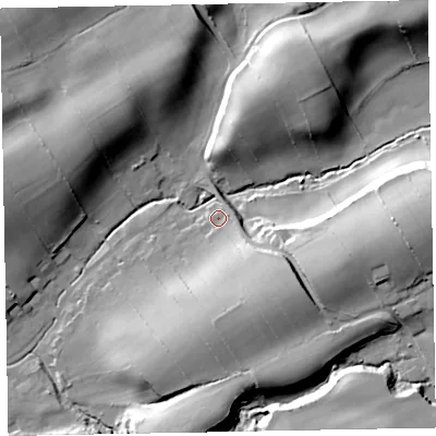 Shaded relief map of the ground around CA73PQ, computed from Environment Agency LiDAR. The ground here sits at about 28 m above sea level and falls 30 m across the surrounding 800 m. Surface water reaching this point runs off ground lying to the south-east, 21.1 m higher.