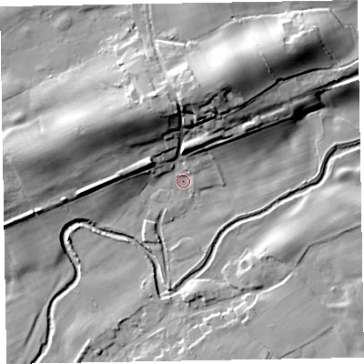 Shaded relief map of the ground around CA73QH, computed from Environment Agency LiDAR. The ground here sits at about 63 m above sea level and falls 23 m across the surrounding 800 m. Surface water reaching this point runs off ground lying to the north-north-east, 18.2 m higher.