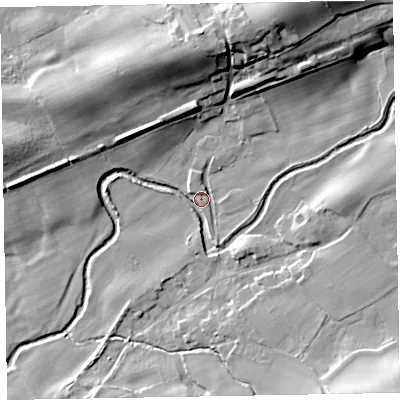 Shaded relief map of the ground around CA73QJ, computed from Environment Agency LiDAR. The ground here sits at about 62 m above sea level and falls 24 m across the surrounding 800 m. Surface water reaching this point runs off ground lying to the east, 7.6 m higher.
