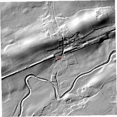 Shaded relief map of the ground around CA73QQ, computed from Environment Agency LiDAR. The ground here sits at about 64 m above sea level and falls 23 m across the surrounding 800 m. Surface water reaching this point runs off ground lying to the north-north-east, 17.9 m higher.