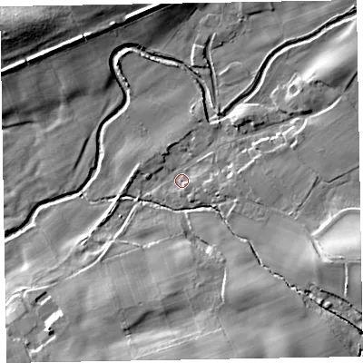 Shaded relief map of the ground around CA73RE, computed from Environment Agency LiDAR. The ground here sits at about 62 m above sea level and falls 20 m across the surrounding 800 m. Surface water reaching this point runs off ground lying to the east-south-east, 3.1 m higher.