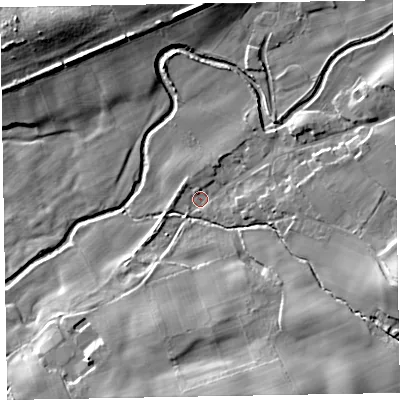 Shaded relief map of the ground around CA73RN, computed from Environment Agency LiDAR. The ground here sits at about 61 m above sea level and falls 18 m across the surrounding 800 m. Surface water reaching this point runs off ground lying to the east-south-east, 14.4 m higher.