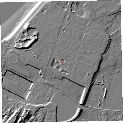 Shaded relief map of the ground around CA74AA, computed from Environment Agency LiDAR. The ground here sits at about 12 m above sea level and falls 20 m across the surrounding 800 m. Surface water reaching this point runs off ground lying to the east-south-east, 1.7 m higher.