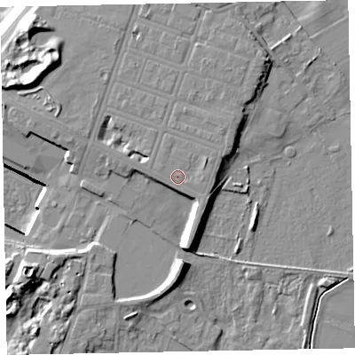 Shaded relief map of the ground around CA74AS, computed from Environment Agency LiDAR. The ground here sits at about 12 m above sea level and falls 20 m across the surrounding 800 m. Surface water reaching this point runs off ground lying to the east-north-east, 1.3 m higher.