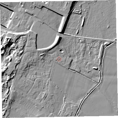 Shaded relief map of the ground around CA74BB, computed from Environment Agency LiDAR. The ground here sits at about 9 m above sea level and falls 19 m across the surrounding 800 m. Surface water reaching this point runs off ground lying to the north-north-west, 0.5 m higher.
