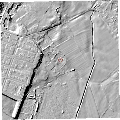 Shaded relief map of the ground around CA74DE, computed from Environment Agency LiDAR. The ground here sits at about 8 m above sea level and falls 10 m across the surrounding 800 m. Surface water reaching this point runs off ground lying to the north-north-west, 1.7 m higher.