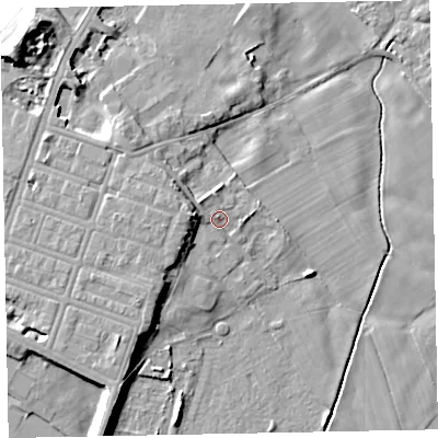 Shaded relief map of the ground around CA74DJ, computed from Environment Agency LiDAR. The ground here sits at about 9 m above sea level and falls 15 m across the surrounding 800 m. Surface water reaching this point runs off ground lying to the west, 3.5 m higher.