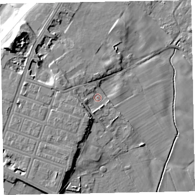 Shaded relief map of the ground around CA74DL, computed from Environment Agency LiDAR. The ground here sits at about 8 m above sea level and falls 19 m across the surrounding 800 m. Surface water reaching this point runs off ground lying to the south-west, 4.3 m higher.