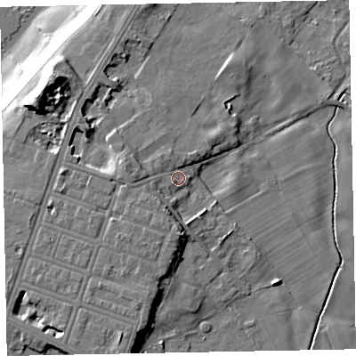 Shaded relief map of the ground around CA74EA, computed from Environment Agency LiDAR. The ground here sits at about 9 m above sea level and falls 19 m across the surrounding 800 m. Surface water reaching this point runs off ground lying to the south-south-west, 3.7 m higher.