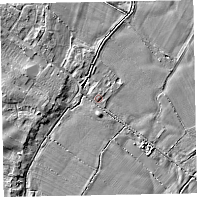 Shaded relief map of the ground around CA74JD, computed from Environment Agency LiDAR. The ground here sits at about 8 m above sea level and falls 4 m across the surrounding 800 m. Surface water reaching this point runs off ground lying to the south, 2.3 m higher.