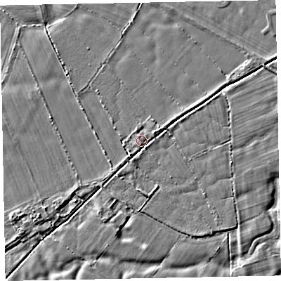 Shaded relief map of the ground around CA74JG, computed from Environment Agency LiDAR. The ground here sits at about 8 m above sea level and falls 3 m across the surrounding 800 m. Surface water reaching this point runs off ground lying to the south-west, 1.7 m higher.