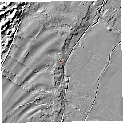 Shaded relief map of the ground around CA74JJ, computed from Environment Agency LiDAR. The ground here sits at about 8 m above sea level and falls 9 m across the surrounding 800 m. Surface water reaching this point runs off ground lying to the west-south-west, 5.2 m higher.