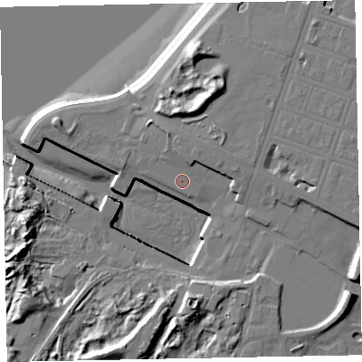 Shaded relief map of the ground around CA74JQ, computed from Environment Agency LiDAR. The ground here sits at about 9 m above sea level and falls 21 m across the surrounding 800 m. Surface water reaching this point runs off ground lying to the north, 0.8 m higher.