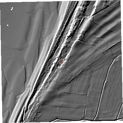 Shaded relief map of the ground around CA74LA, computed from Environment Agency LiDAR. The ground here sits at about 8 m above sea level and falls 12 m across the surrounding 800 m. Surface water reaching this point runs off ground lying to the north-east, 2.5 m higher.