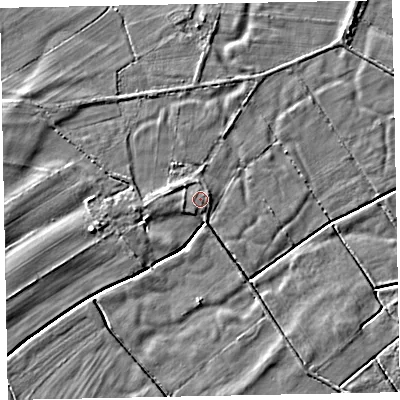 Shaded relief map of the ground around CA74LG, computed from Environment Agency LiDAR. The ground here sits at about 9 m above sea level and falls 4 m across the surrounding 800 m. Surface water reaching this point runs off ground lying to the west-north-west, 1.1 m higher.