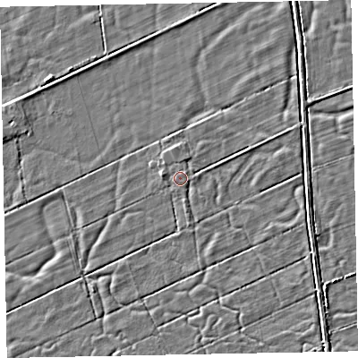 Shaded relief map of the ground around CA74LS, computed from Environment Agency LiDAR. The ground here sits at about 8 m above sea level and falls 2 m across the surrounding 800 m. Surface water reaching this point runs off ground lying to the west-north-west, 0.7 m higher.