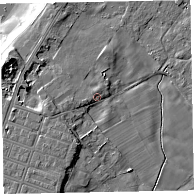 Shaded relief map of the ground around CA74NJ, computed from Environment Agency LiDAR. The ground here sits at about 9 m above sea level and falls 19 m across the surrounding 800 m. Surface water reaching this point runs off ground lying to the west-south-west, 4.0 m higher.