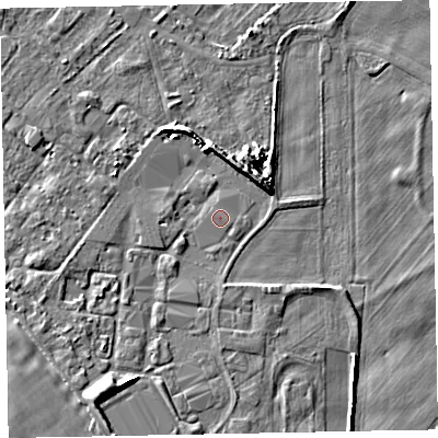Shaded relief map of the ground around CA74NP, computed from Environment Agency LiDAR. The ground here sits at about 7 m above sea level and falls 8 m across the surrounding 800 m. The ground contributing surface water to this point lies to the west.