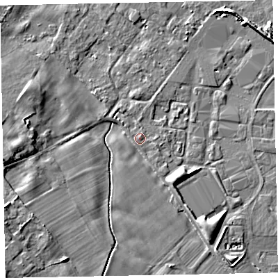 Shaded relief map of the ground around CA74NR, computed from Environment Agency LiDAR. The ground here sits at about 7 m above sea level and falls 8 m across the surrounding 800 m. Surface water reaching this point runs off ground lying to the south-east, 3.9 m higher.