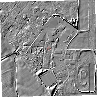 Shaded relief map of the ground around CA74NS, computed from Environment Agency LiDAR. The ground here sits at about 7 m above sea level and falls 8 m across the surrounding 800 m. Surface water reaching this point runs off ground lying to the south, 2.4 m higher.