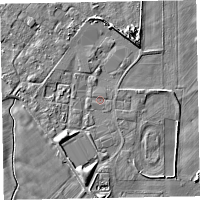 Shaded relief map of the ground around CA74NU, computed from Environment Agency LiDAR. The ground here sits at about 7 m above sea level and falls 8 m across the surrounding 800 m. The ground contributing surface water to this point lies to the south-east.