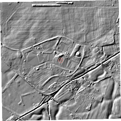 Shaded relief map of the ground around CA74PA, computed from Environment Agency LiDAR. The ground here sits at about 8 m above sea level and falls 4 m across the surrounding 800 m. Surface water reaching this point runs off ground lying to the north-north-east, 2.0 m higher.