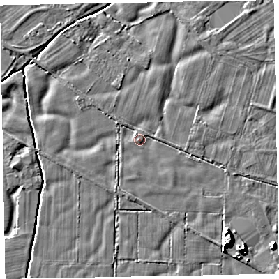 Shaded relief map of the ground around CA74PB, computed from Environment Agency LiDAR. The ground here sits at about 8 m above sea level and falls 8 m across the surrounding 800 m. Surface water reaching this point runs off ground lying to the south, 1.1 m higher.