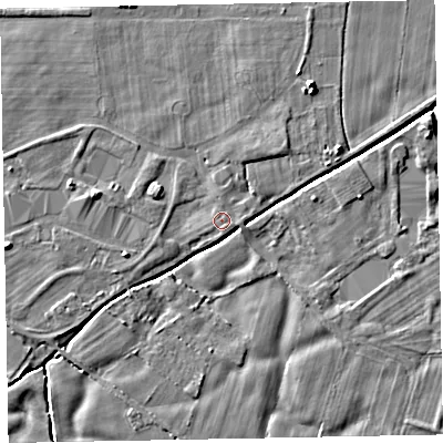 Shaded relief map of the ground around CA74PE, computed from Environment Agency LiDAR. The ground here sits at about 8 m above sea level and falls 4 m across the surrounding 800 m. Surface water reaching this point runs off ground lying to the south-south-east, 0.6 m higher.