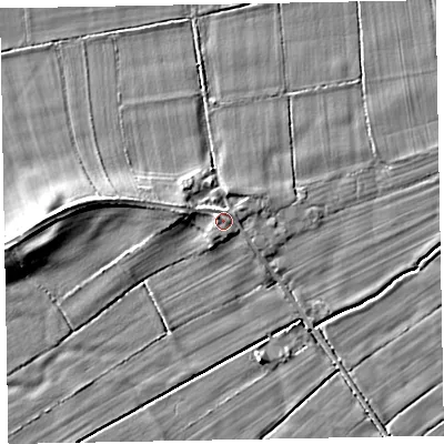 Shaded relief map of the ground around CA74PJ, computed from Environment Agency LiDAR. The ground here sits at about 9 m above sea level and falls 5 m across the surrounding 800 m. Surface water reaching this point runs off ground lying to the west-north-west, 1.7 m higher.