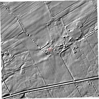 Shaded relief map of the ground around CA74PL, computed from Environment Agency LiDAR. The ground here sits at about 8 m above sea level and falls 3 m across the surrounding 800 m. Surface water reaching this point runs off ground lying to the west, 0.7 m higher.