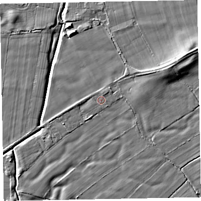 Shaded relief map of the ground around CA74PQ, computed from Environment Agency LiDAR. The ground here sits at about 8 m above sea level and falls 7 m across the surrounding 800 m. Surface water reaching this point runs off ground lying to the north-north-east, 0.7 m higher.