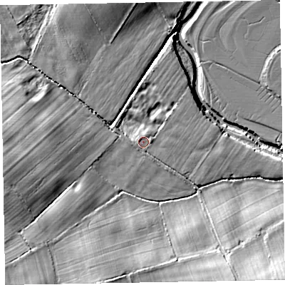 Shaded relief map of the ground around CA74PS, computed from Environment Agency LiDAR. The ground here sits at about 8 m above sea level and falls 13 m across the surrounding 800 m. The ground contributing surface water to this point lies to the east.