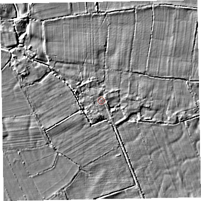 Shaded relief map of the ground around CA74PT, computed from Environment Agency LiDAR. The ground here sits at about 9 m above sea level and falls 4 m across the surrounding 800 m. Surface water reaching this point runs off ground lying to the south, 1.0 m higher.