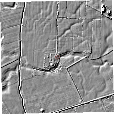 Shaded relief map of the ground around CA74PZ, computed from Environment Agency LiDAR. The ground here sits at about 8 m above sea level and falls 7 m across the surrounding 800 m. Surface water reaching this point runs off ground lying to the south-west, 1.6 m higher.