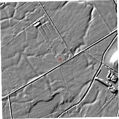 Shaded relief map of the ground around CA74QA, computed from Environment Agency LiDAR. The ground here sits at about 8 m above sea level and falls 7 m across the surrounding 800 m. Surface water reaching this point runs off ground lying to the east, 0.7 m higher.