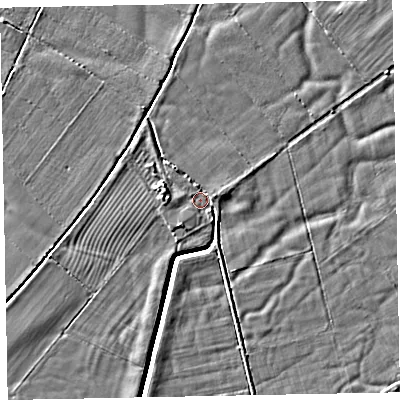 Shaded relief map of the ground around CA74QB, computed from Environment Agency LiDAR. The ground here sits at about 8 m above sea level and falls 4 m across the surrounding 800 m. Surface water reaching this point runs off ground lying to the south-west, 1.6 m higher.