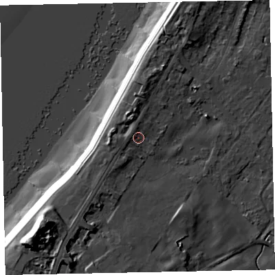 Shaded relief map of the ground around CA74QF, computed from Environment Agency LiDAR. The ground here sits at about 8 m above sea level and falls 19 m across the surrounding 800 m. Surface water reaching this point runs off ground lying to the west-north-west, 1.5 m higher.