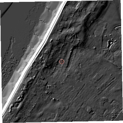 Shaded relief map of the ground around CA74QG, computed from Environment Agency LiDAR. The ground here sits at about 7 m above sea level and falls 14 m across the surrounding 800 m. Surface water reaching this point runs off ground lying to the north-north-west, 4.2 m higher.