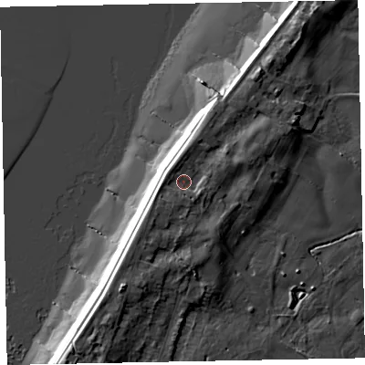 Shaded relief map of the ground around CA74QH, computed from Environment Agency LiDAR. The ground here sits at about 8 m above sea level and falls 14 m across the surrounding 800 m. Surface water reaching this point runs off ground lying to the south-east, 1.8 m higher.