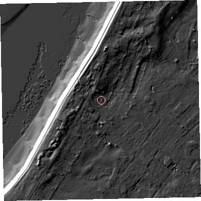 Shaded relief map of the ground around CA74QL, computed from Environment Agency LiDAR. The ground here sits at about 7 m above sea level and falls 14 m across the surrounding 800 m. Surface water reaching this point runs off ground lying to the north, 3.9 m higher.