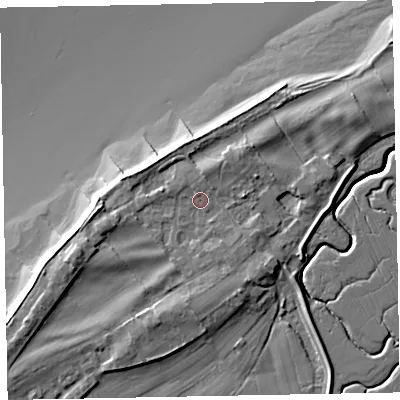 Shaded relief map of the ground around CA74QP, computed from Environment Agency LiDAR. The ground here sits at about 7 m above sea level and falls 13 m across the surrounding 800 m. Surface water reaching this point runs off ground lying to the west-south-west, 4.4 m higher.