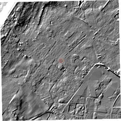 Shaded relief map of the ground around CA74QQ, computed from Environment Agency LiDAR. The ground here sits at about 7 m above sea level and falls 13 m across the surrounding 800 m. Surface water reaching this point runs off ground lying to the south, 0.6 m higher.